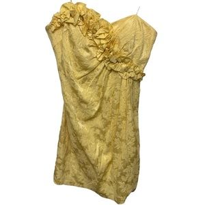 Maggy London Yellow Jacquard Strapless Dress Ruffle Cocktail Wedding Guest